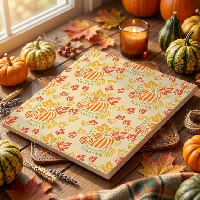 Autumn Pumpkin And Falling Leaves Seamless Pattern Ceramic Tile (Creator Uploaded)