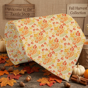 Autumn Pumpkin And Falling Leaves Seamless Pattern Neck Tie