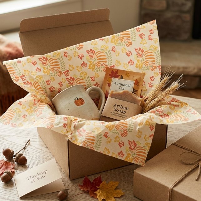 Autumn Pumpkin And Falling Leaves Seamless Pattern Tissue Paper (Creator Uploaded)