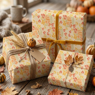 Autumn Pumpkin And Falling Leaves Seamless Pattern Wrapping Paper Sheets