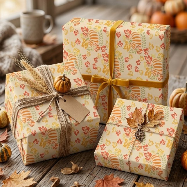 Autumn Pumpkin And Falling Leaves Seamless Pattern Wrapping Paper Sheets (Creator Uploaded)