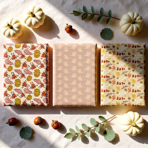 Autumn Pumpkin and Floral Fall Set of 3 Wrapping Paper Sheets