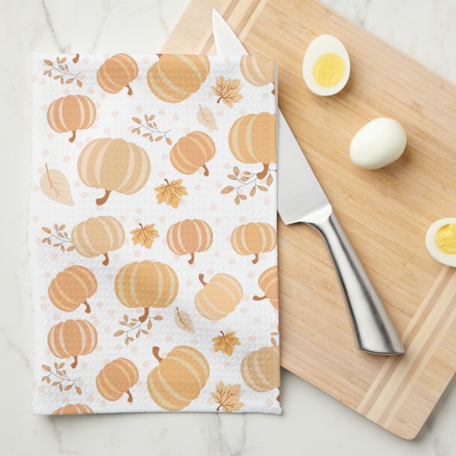 Autumn Pumpkin and Leaf Pastel Pattern Kitchen Towel (Quarter Fold)