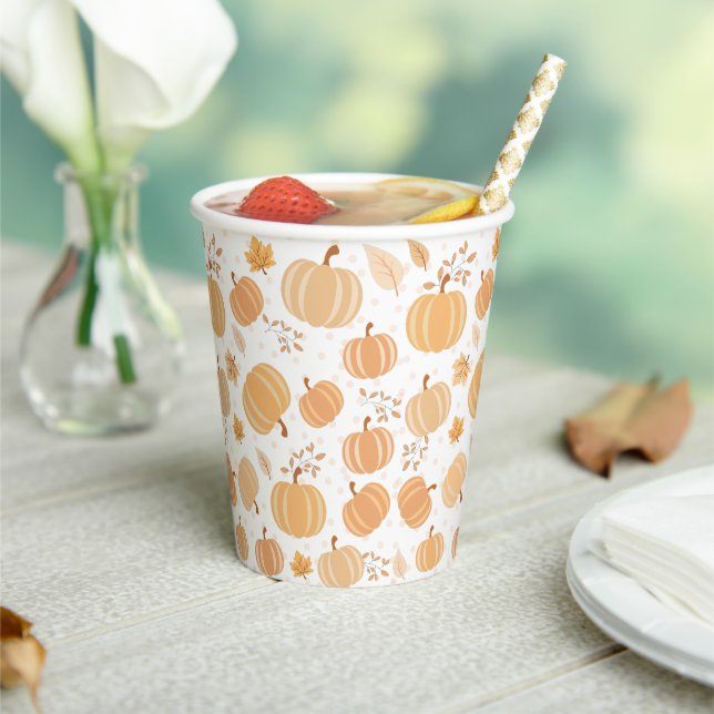 Autumn Pumpkin and Leaf Pastel Pattern Paper Cups (Insitu)