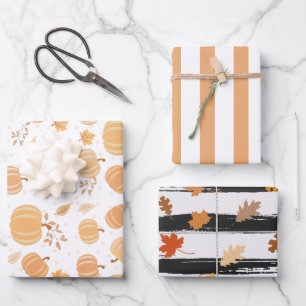 Autumn Pumpkin and Leaf Pastel Stripes Wrapping Paper Sheets