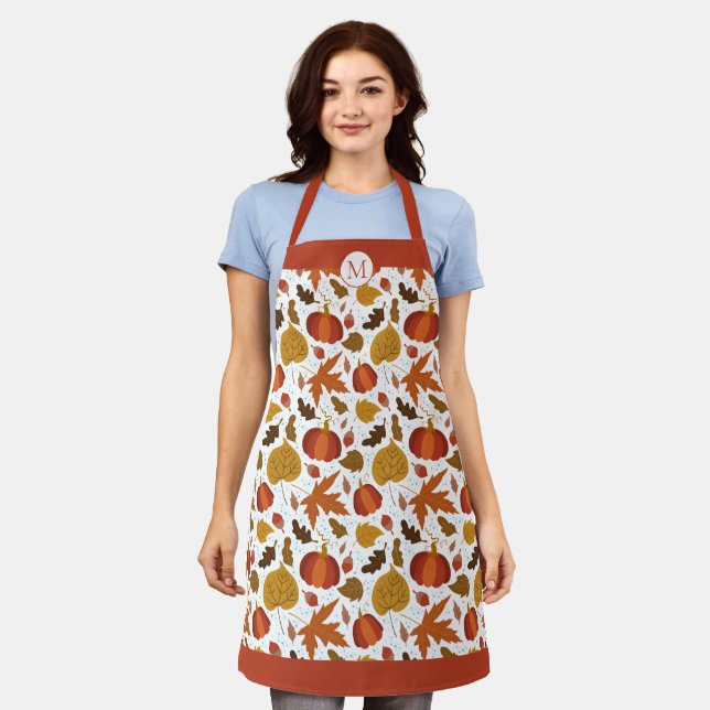 Autumn Pumpkin and Leaf Pattern Monogram Apron (Worn)