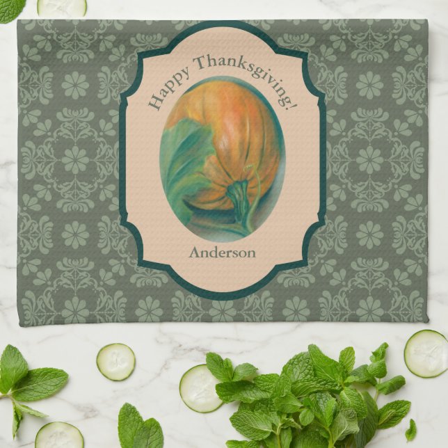 Autumn Pumpkin and Leaf Personalized Thanksgiving Towel (Folded)