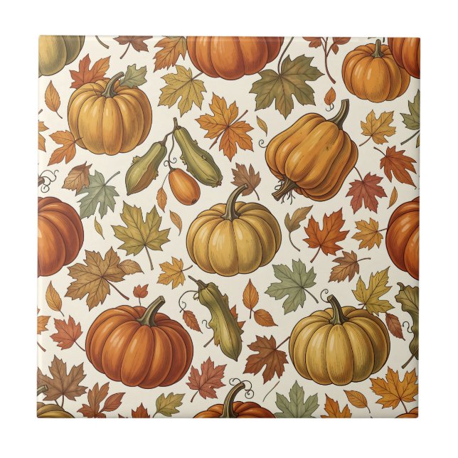 Autumn Pumpkin and Leaf Seamless Pattern  Ceramic Tile (Front)