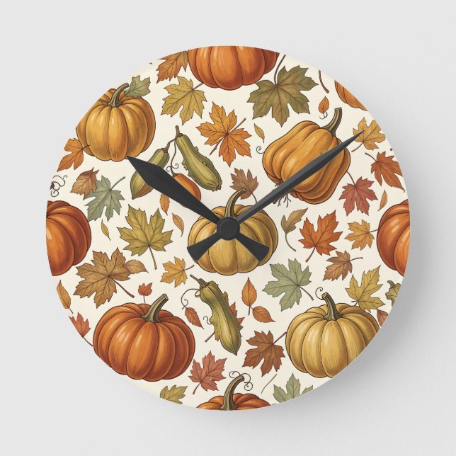 Autumn Pumpkin and Leaf Seamless Pattern  Round Clock (Front)