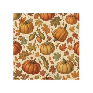 Autumn Pumpkin and Leaf Seamless Pattern Wood Wall Art