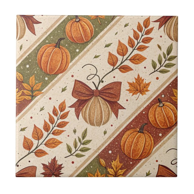 Autumn Pumpkin and Leaves Fall Pattern Ceramic Tile (Front)