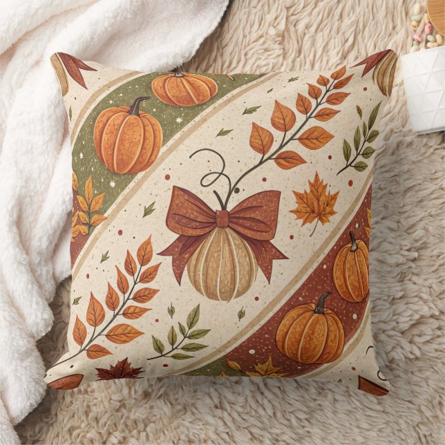 Autumn Pumpkin and Leaves Fall Pattern Throw Pillow (Blanket)