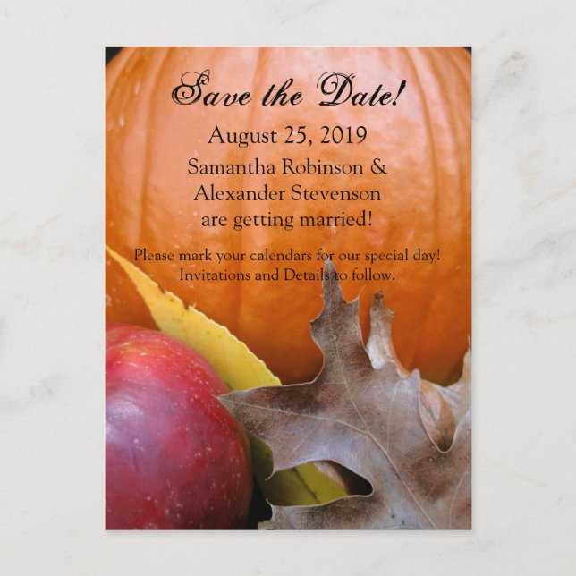 Autumn Pumpkin, Apple Fall Wedding Save the Date Announcement Postcard (Front)