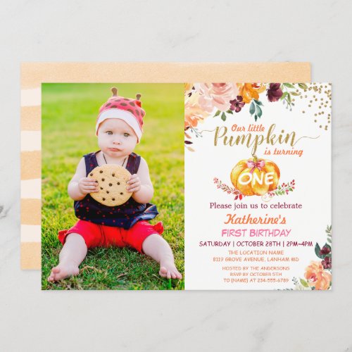 Autumn Pumpkin Baby Birthday with Kids Photo Invitation