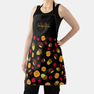 Autumn Pumpkin Berries Pattern Monogram Name Black Apron