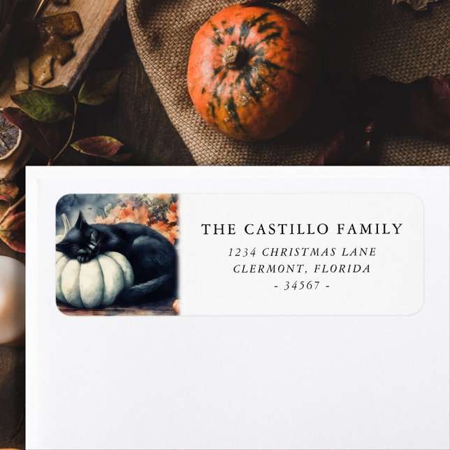 Autumn Pumpkin Black Cat Return Address Label (Creator Uploaded)