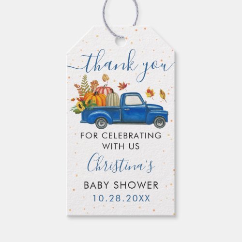 Autumn Pumpkin Blue Truck Baby Shower Thank You Gift Tags
