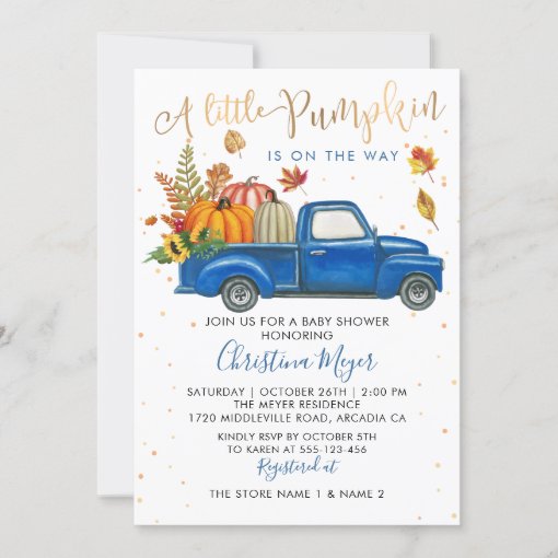 Autumn Pumpkin Blue Truck Fall Baby Shower Invitation | Zazzle