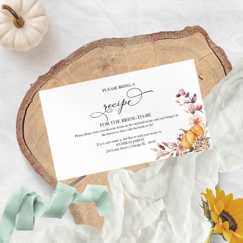 Autumn Pumpkin Bridal Shower Recipe Request Enclosure Card