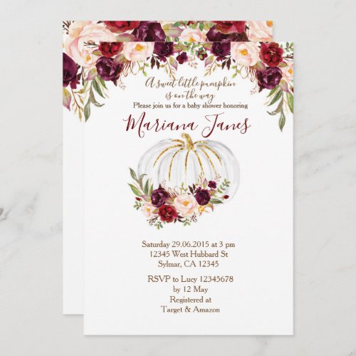 Autumn Pumpkin  Burgundy Floral Baby Shower Invitation