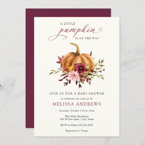 Autumn Pumpkin Burgundy Foliage Baby Shower Invita Invitation