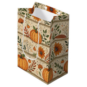 Autumn Pumpkin Chrysanthemum Orange Stripe Pattern Medium Gift Bag
