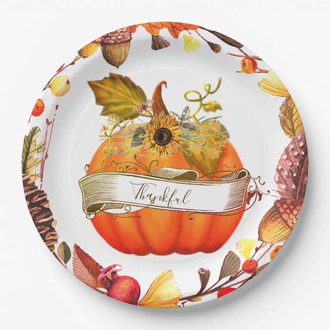 Autumn pumpkin customizeable  paper plates (Front)