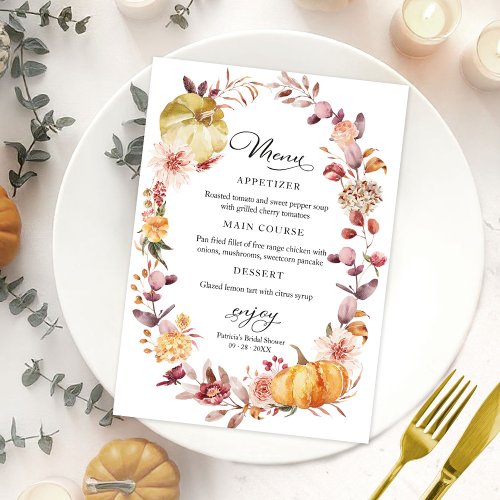 Autumn Pumpkin Fall Bridal Shower Menu For Plate Invitation