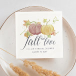 Autumn Pumpkin "Fall in Love" Bridal Shower Napkins<br><div class="desc">Rustic elegant bridal shower napkins feature the bride to be's name and shower date topped by pink and soft orange pumpkins and watercolor autumn foliage,  with "fall in love" in chic navy blue calligraphy script lettering. A beautiful choice for autumn or fall bridal showers.</div>