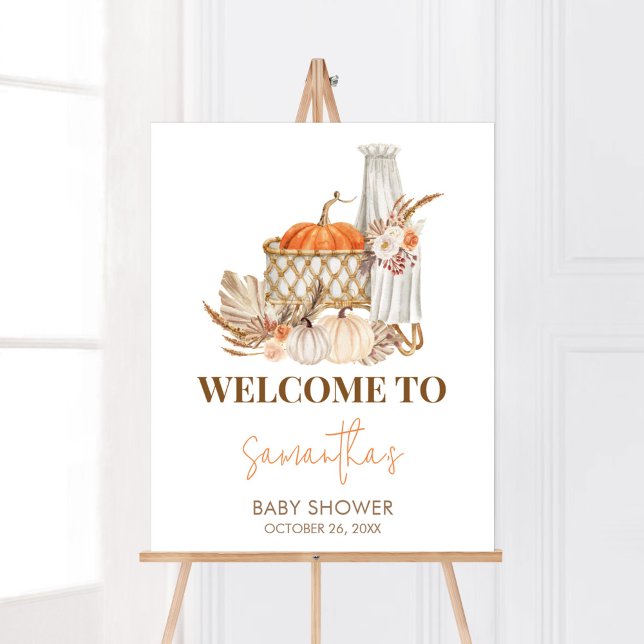 Autumn Pumpkin Fall in Love Welcome Baby Shower Poster (Boho Orange Pumpkin Baby Shower Welcome Sign)
