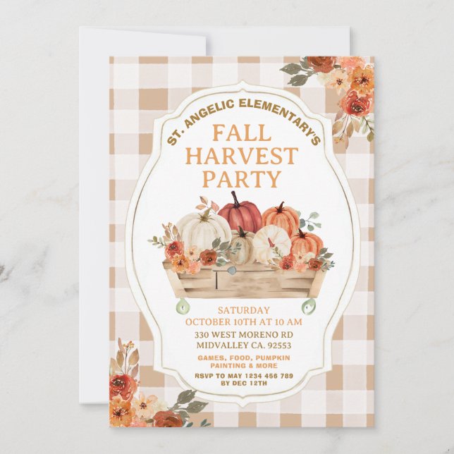 Autumn Pumpkin Floral Gingham Fall Harvest Party Invitation (Front)