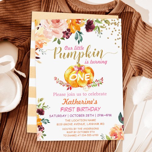 Autumn Pumpkin Floral Girl Baby Birthday Party Invitation