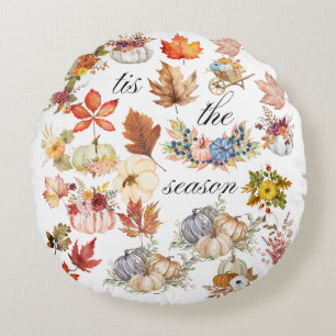 Autumn Pumpkin Floral Leaves Art Round Pillow