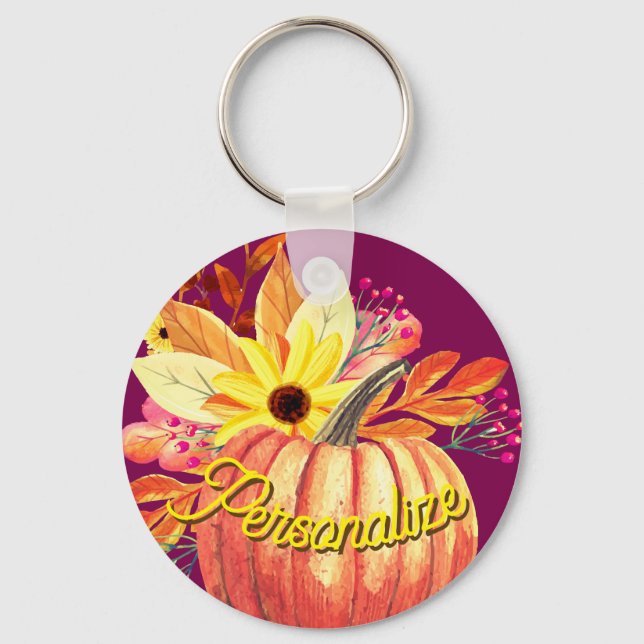 Autumn pumpkin floral orange purple wine keychain (Front)