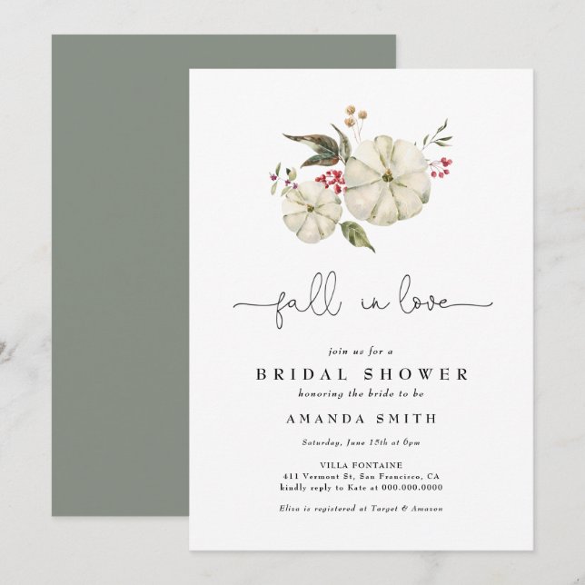 Autumn Pumpkin Floral Sage Green Bridal Shower Invitation (Front/Back)