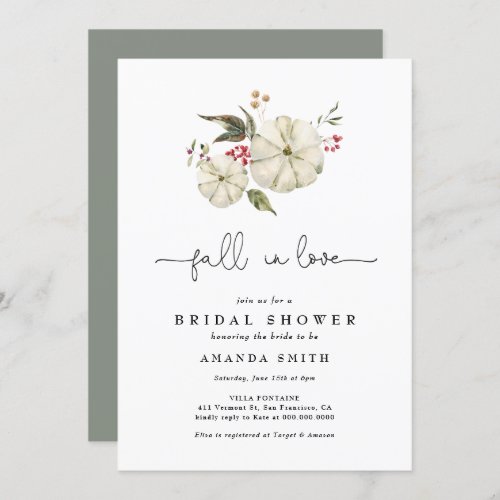 Autumn Pumpkin Floral Sage Green Bridal Shower Invitation