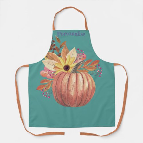 Autumn pumpkin floral terracotta orange and teal  apron