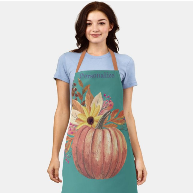 Autumn pumpkin floral terracotta orange and teal  apron (Creator Uploaded)