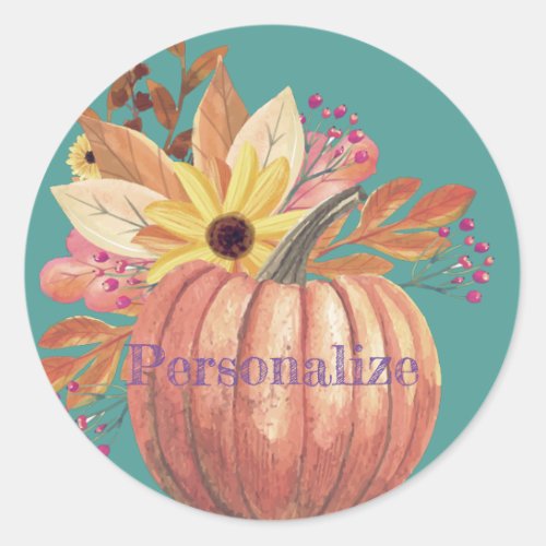 Autumn pumpkin floral terracotta orange and teal  classic round sticker
