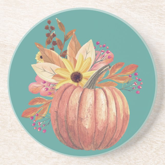 Autumn pumpkin floral terracotta orange and teal  coaster (Front)