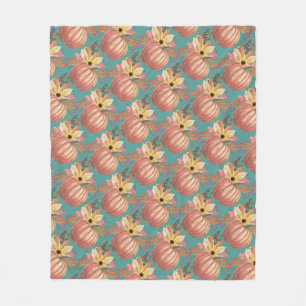 Autumn pumpkin floral terracotta orange and teal fleece blanket