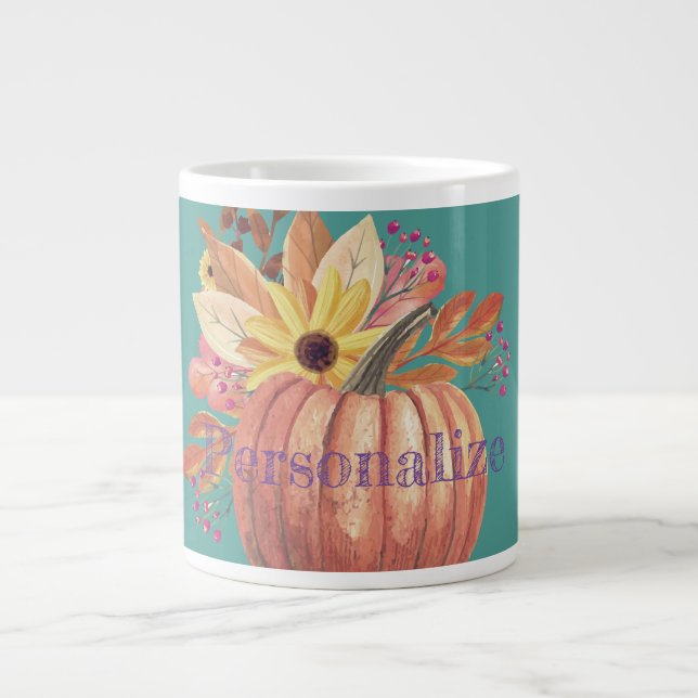 Autumn pumpkin floral terracotta orange and teal  giant coffee mug (Front)