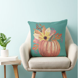 Autumn pumpkin floral terracotta orange and teal  throw pillow