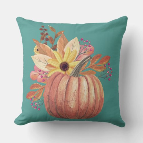 Autumn pumpkin floral terracotta orange and teal  throw pillow