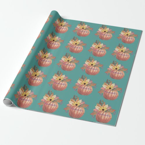 Autumn pumpkin floral terracotta orange and teal  wrapping paper