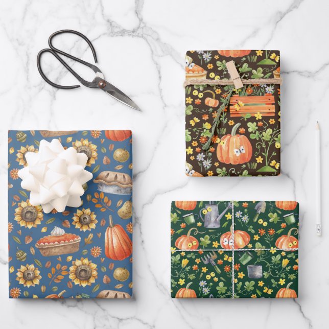 Autumn Pumpkin Garden Floral Wrapping Paper Sheets (Front)