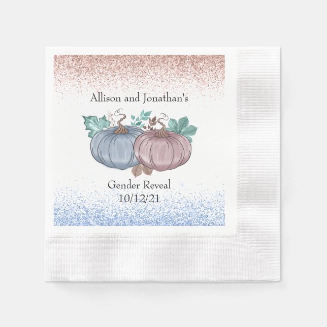 Autumn Pumpkin Gender Reveal pink blue glitter Napkins (Front)