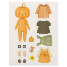 Autumn Pumpkin Girl Watercolor Paper Doll