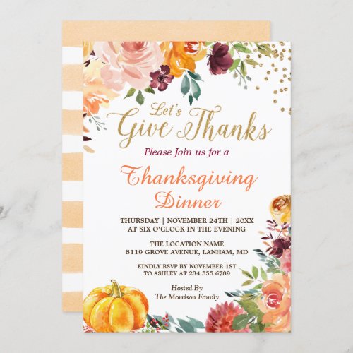 Autumn Pumpkin Give Thanks Thanksgiving Dinner Invitation