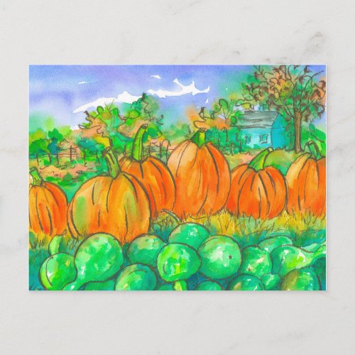 Autumn Pumpkin Gourds Harvest Watercolor Postcard